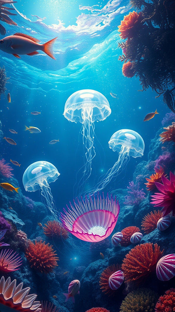 Dreamlike Oceanic Realm with Iridescent Fish and Coral