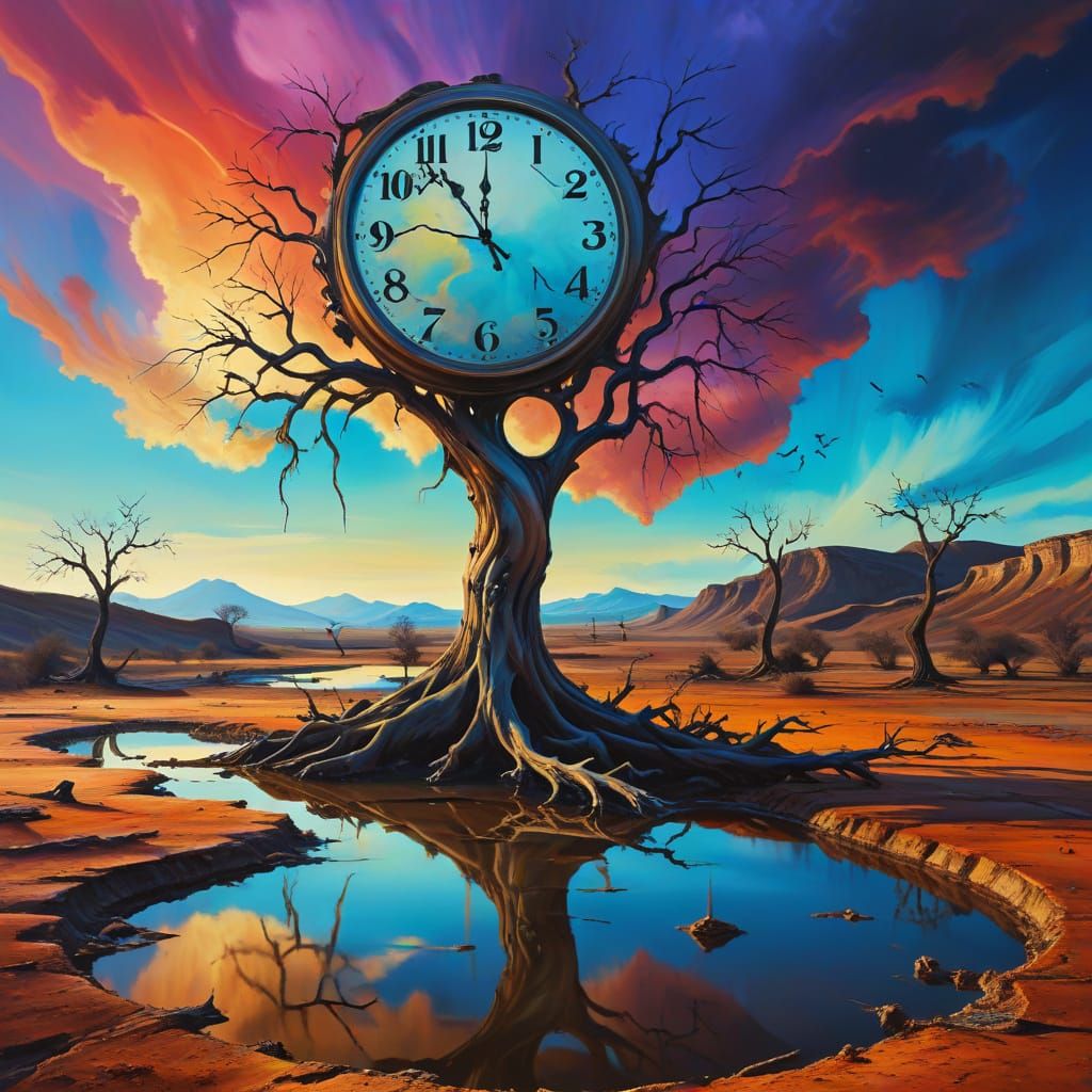 Melting Clock Over Barren Tree in Surreal Landscape