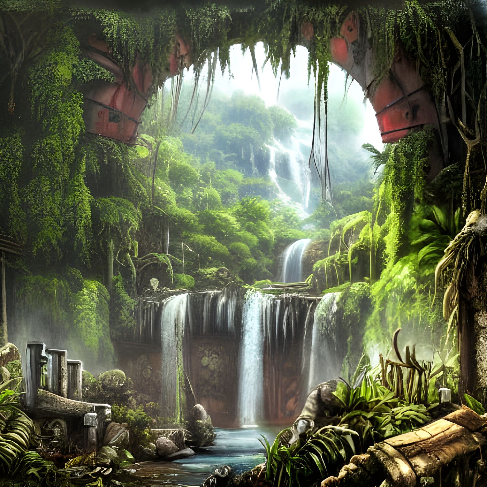 Detailed Post-Apocalyptic Jungle with Waterfall