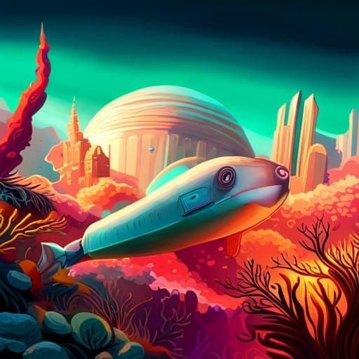 Retrofuturistic Submarine Exploring Underwater City
