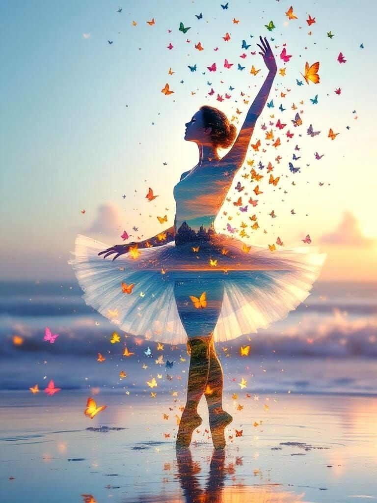Ballerina Double Exposure with Beach and Butterflies