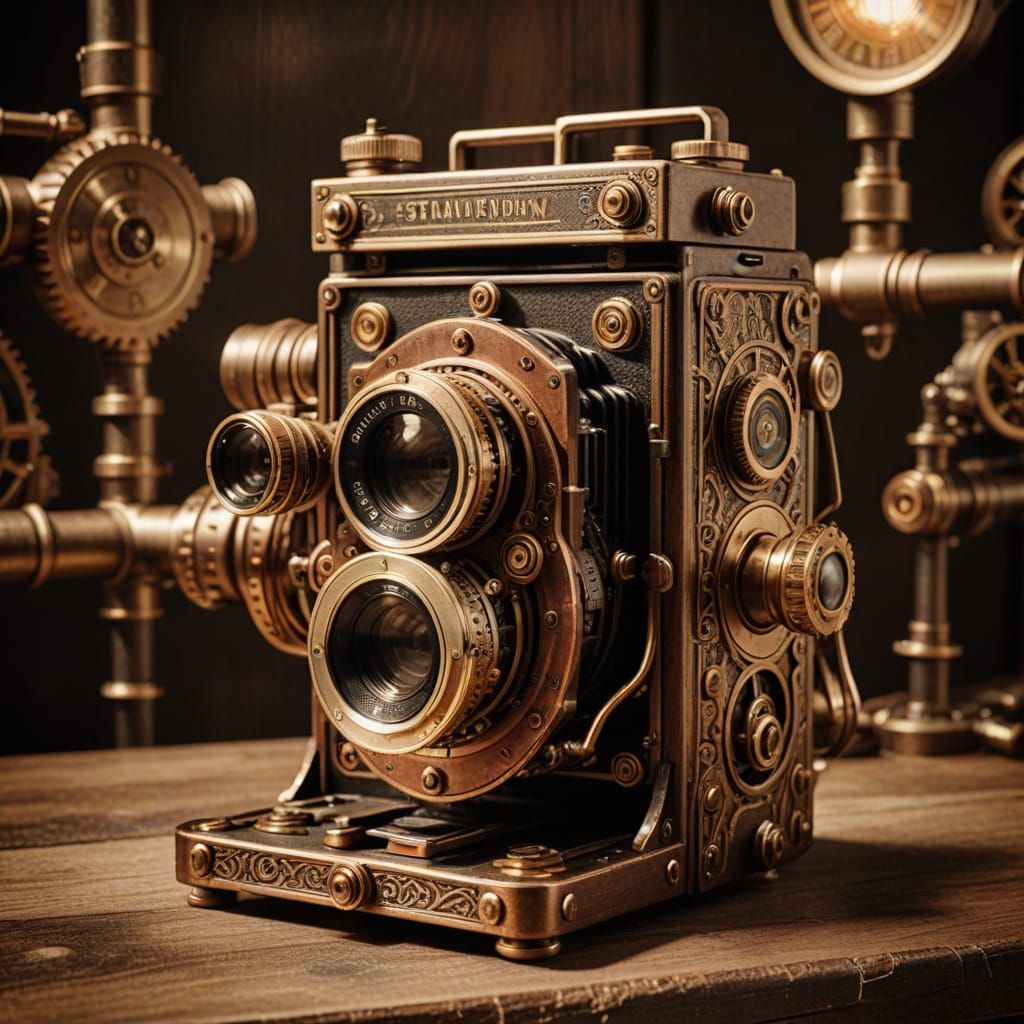 Steampunk Camera with Brass Etchings and Copper Details