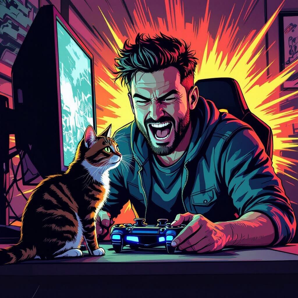 Gamer Playing PlayStation With Cat Blocking Screen