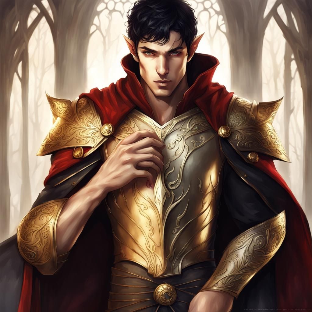 Elven Male with Golden Skin and Red Eyes