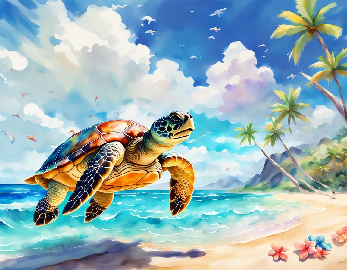 Hawaiian Turtles on Beach in Watercolor Style