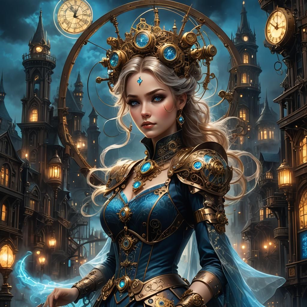 Steampunk Fairy Godmother Over Clockwork City