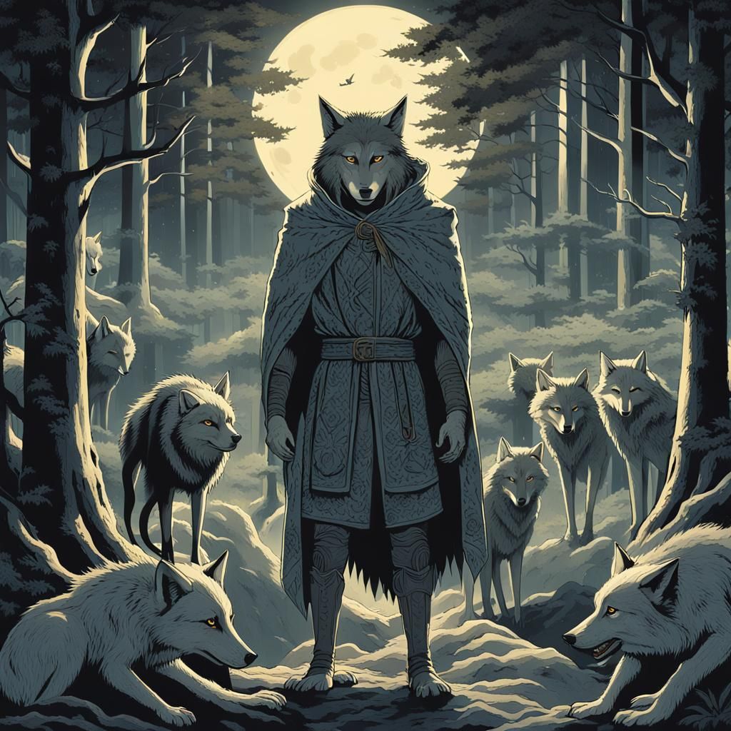 Wolf-Human Hybrid in Moonlit Forest, Ink Punk Art