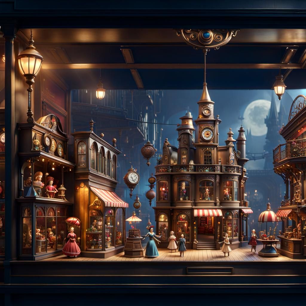 Victorian Toy Shop Window Display in Steampunk Style