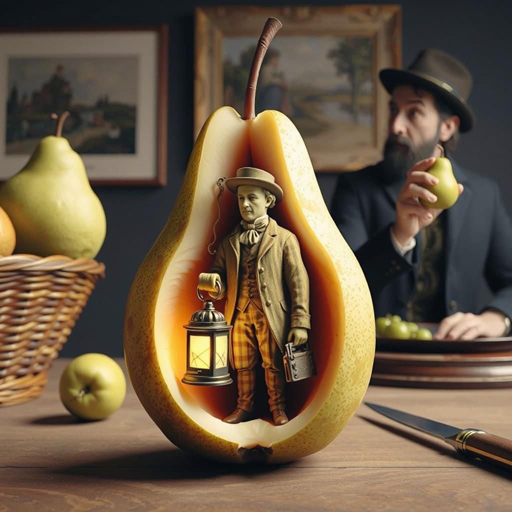 Image of an Pear that is cut in half, and hollowed out, vertically. From its pear meat, form an insanely detailed figure...