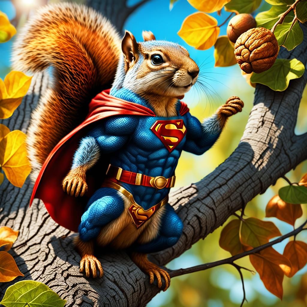 Superman Squirrel Climbing a Tree in Digital Art