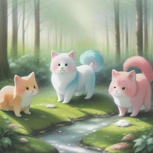 Kawaii Animals Play in Forest Glade: Anime Style