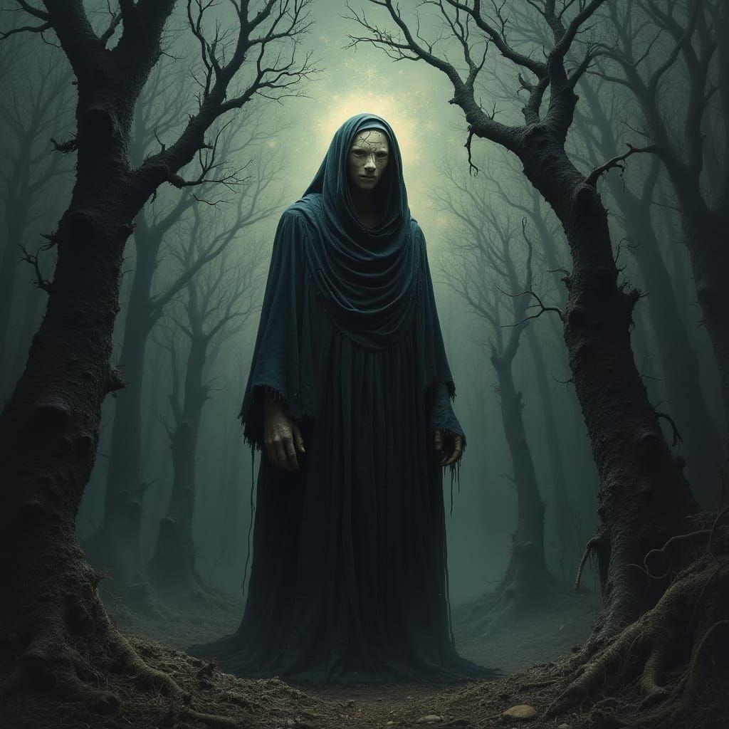 Surreal Figure Lurks in Twisted, Nightmarish Forest