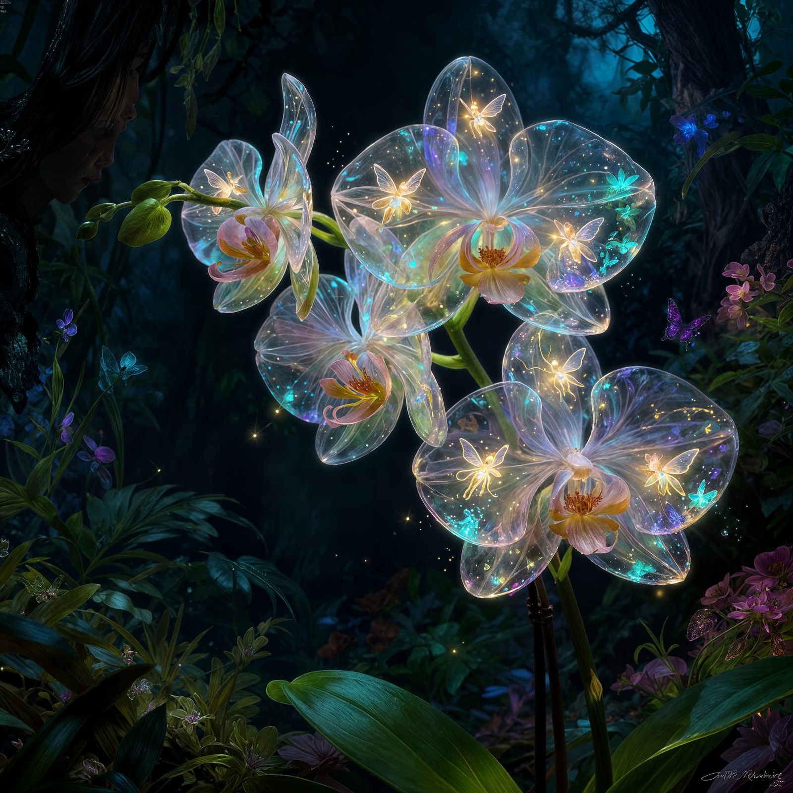 Magical Transparent Orchids With Glowing Fairies