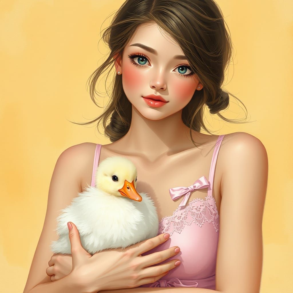 Woman Cradling Duck in Dreamy Style