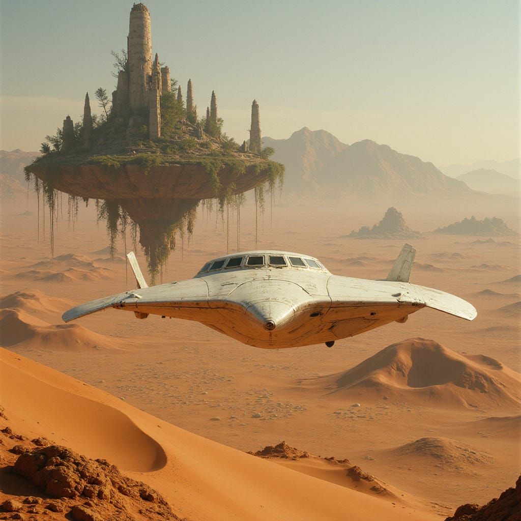 Sleek Starship Soars Over Alien Desert Continent with Floati...