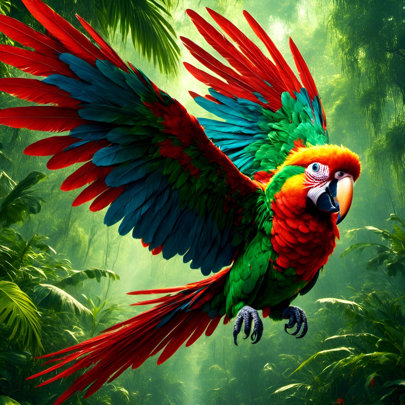 Cartoon Red Parrot Flying Through Tropical Forest