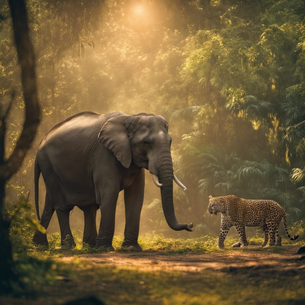 Elephant and Leopard Encounter in Golden Light
