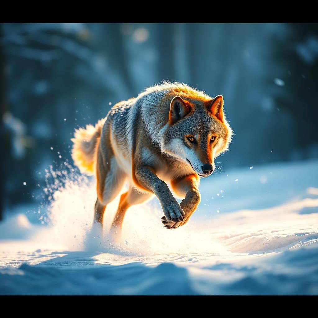 Dynamic Wolf Running Through Snow, Digital Art
