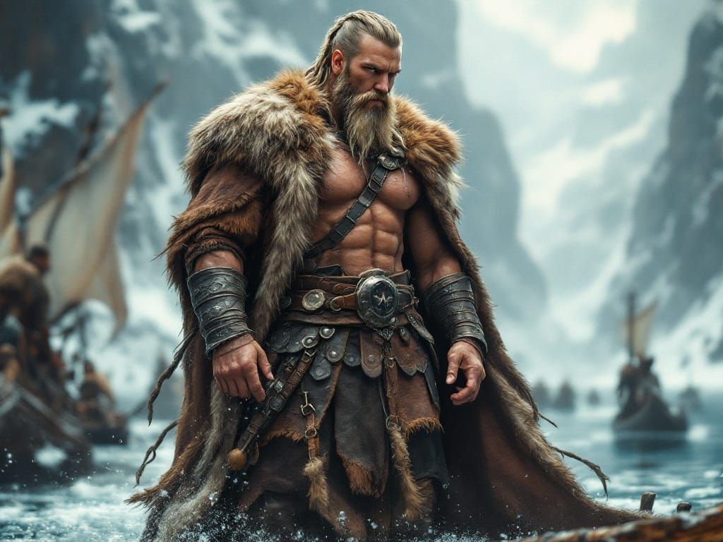 Viking Warrior in Leather Armor, Standing on a Longship at S...