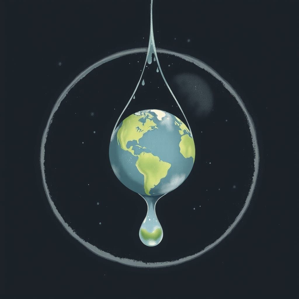 Whimsical Earth in a Droplet of Water, Surrounded by Halo an...