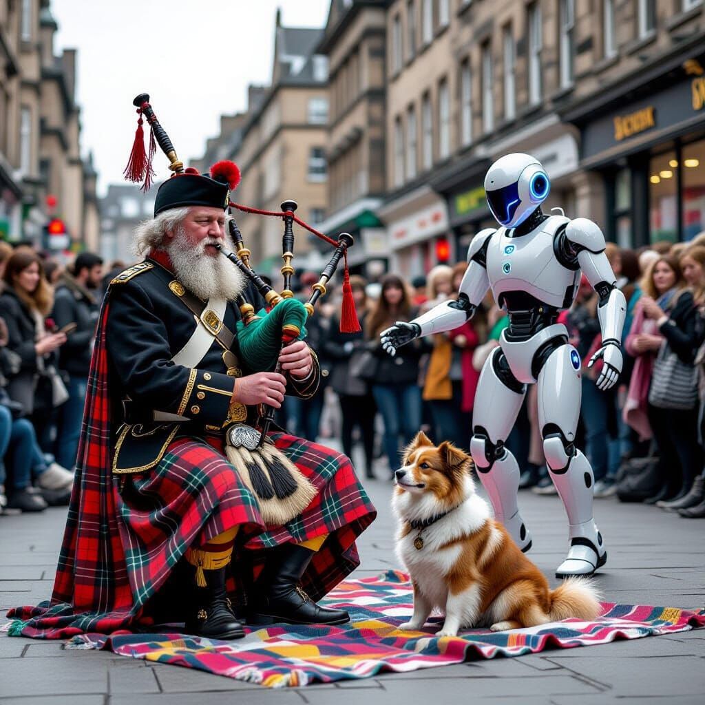 Bagpiper in Edinburgh with Dancing Robot, Gritty Realism