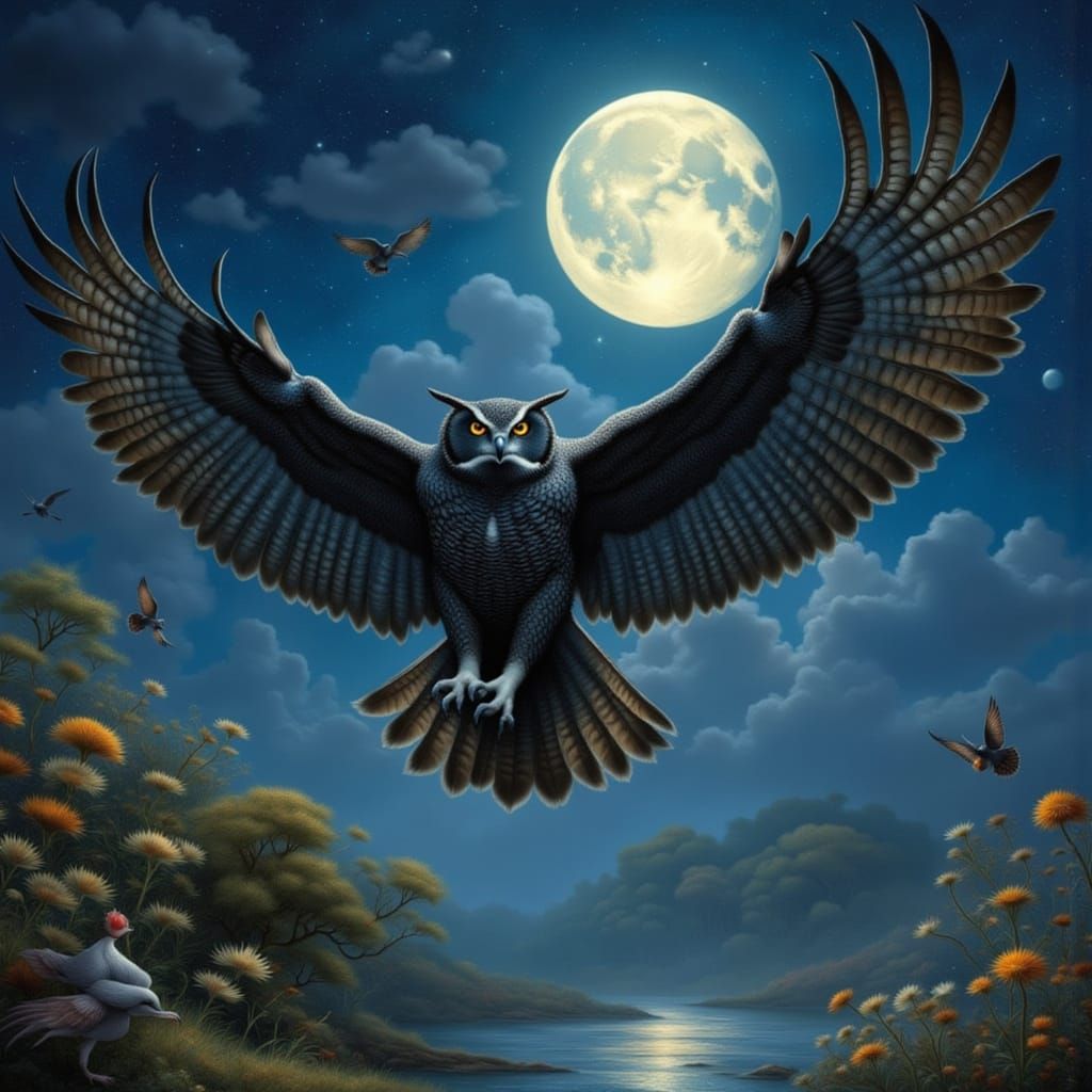Wise Owl Soaring Under Starry Sky in Mystical Realism