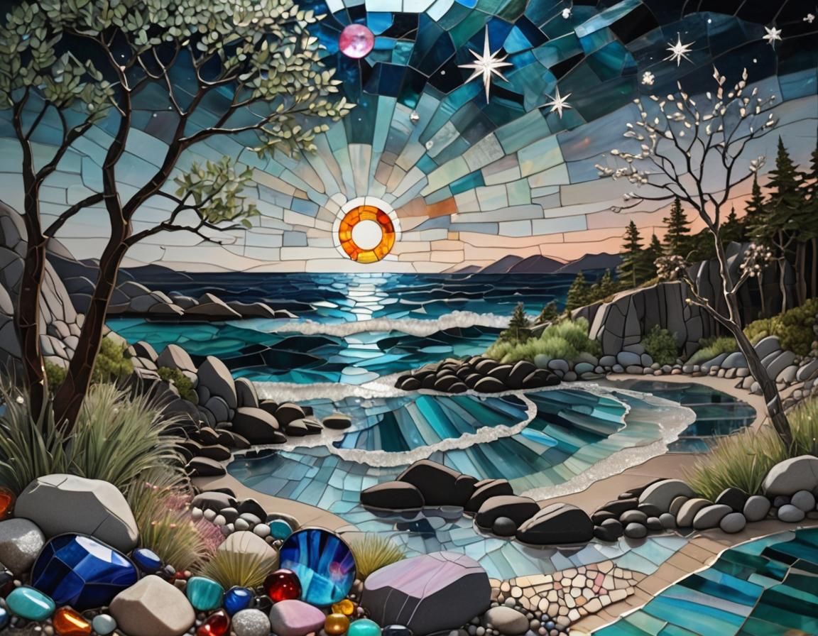 Hyperdetailed Stained Glass Mosaic of Sunset Beach