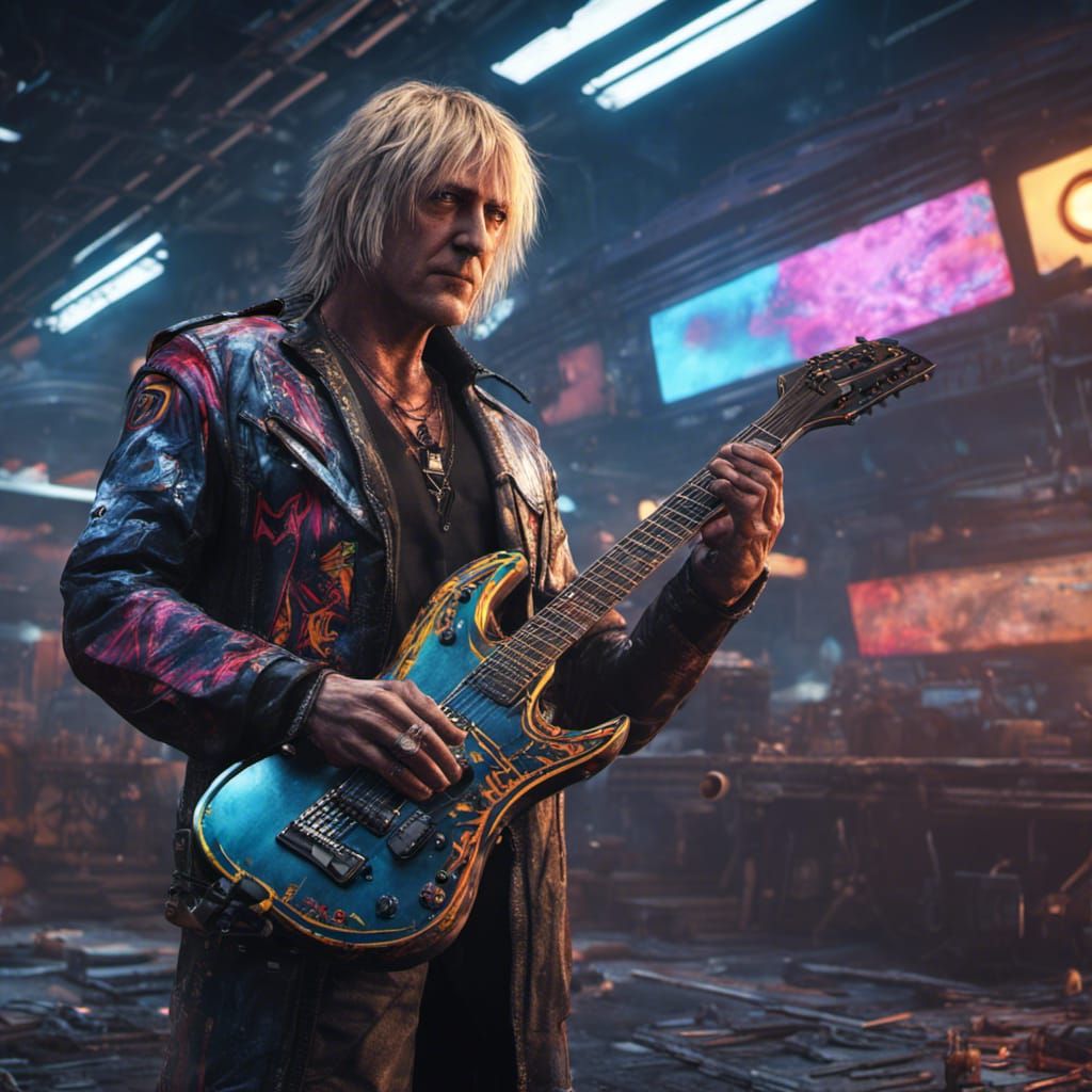 Musician in Cyberpunk Outfit: Detailed Matte Painting