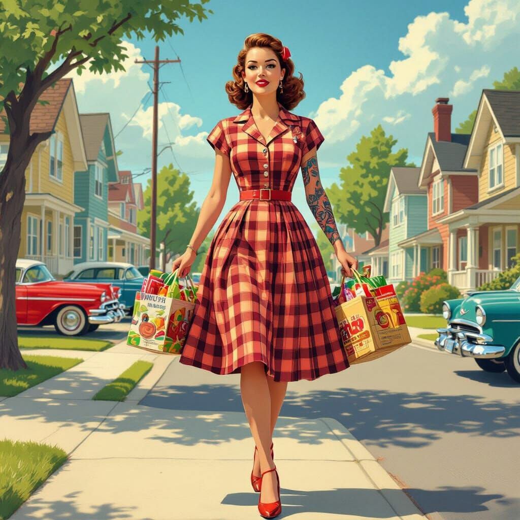 Woman with Tattoo in 1950s Suburban Scene