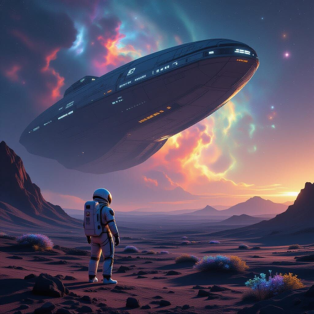 Astronaut Gazes at Colossal Alien Ship on Nebula Planet