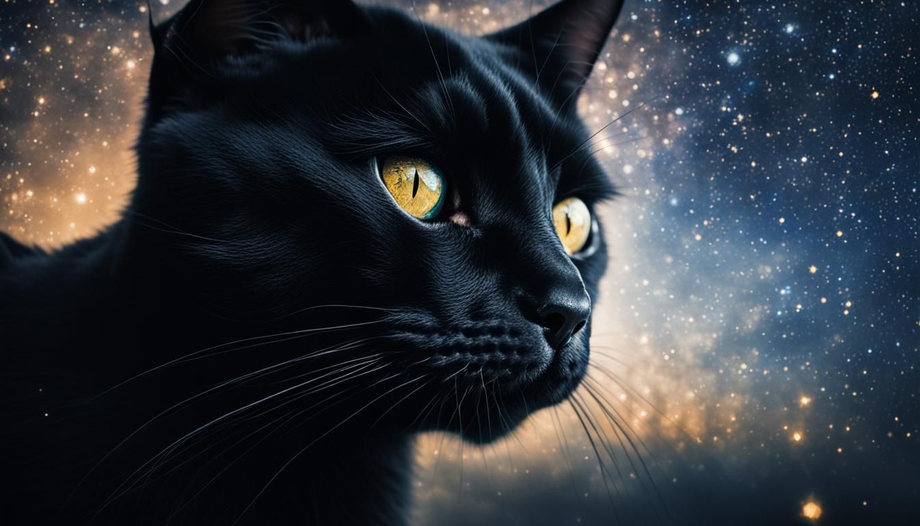 Black Cat Reflecting Starry Night Sky in Eyes