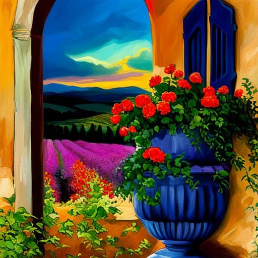 Italian Doorway Overlooking Tuscany at Sunset