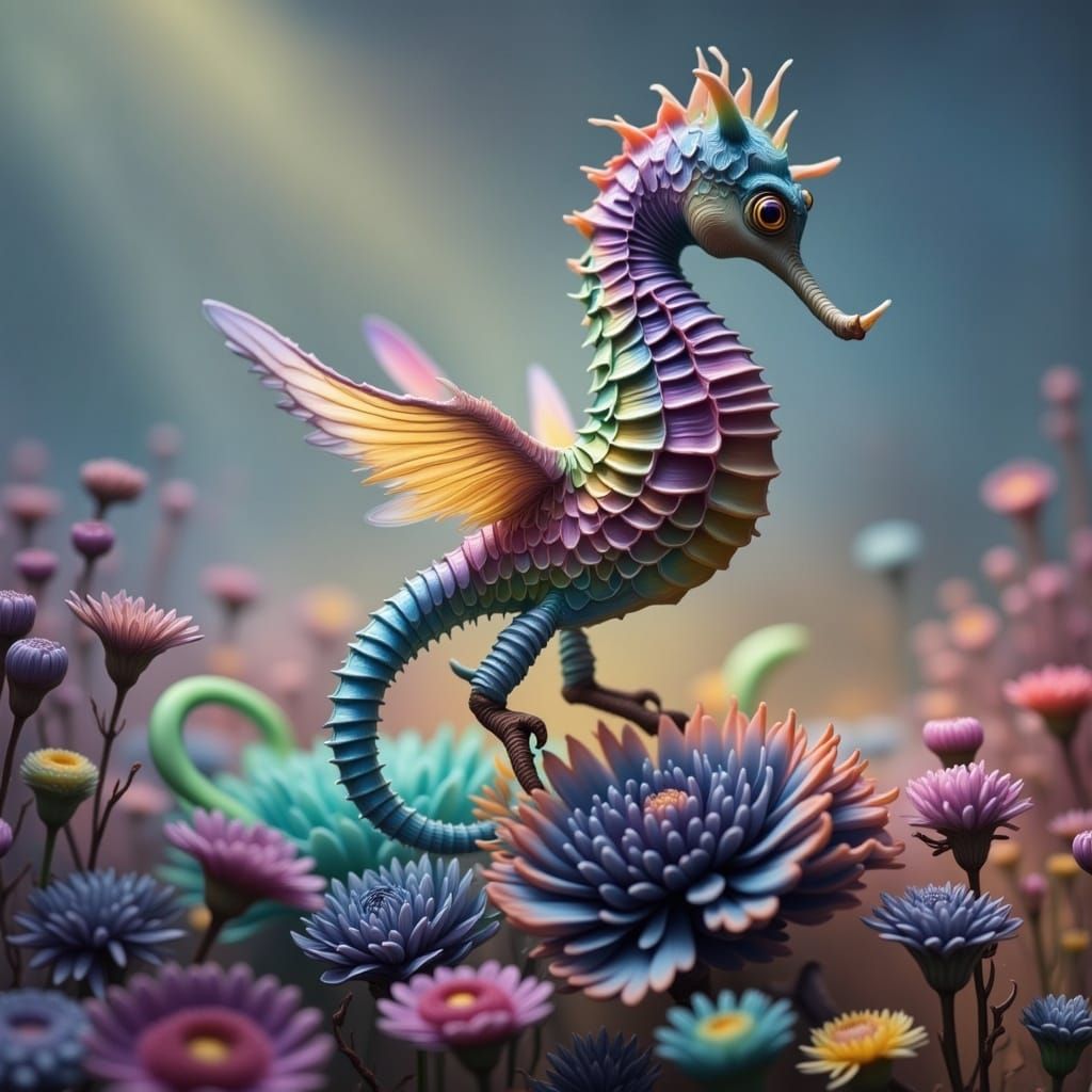 Whimsical Iridescent Seahorse Flies Around Pastel Flowers in...