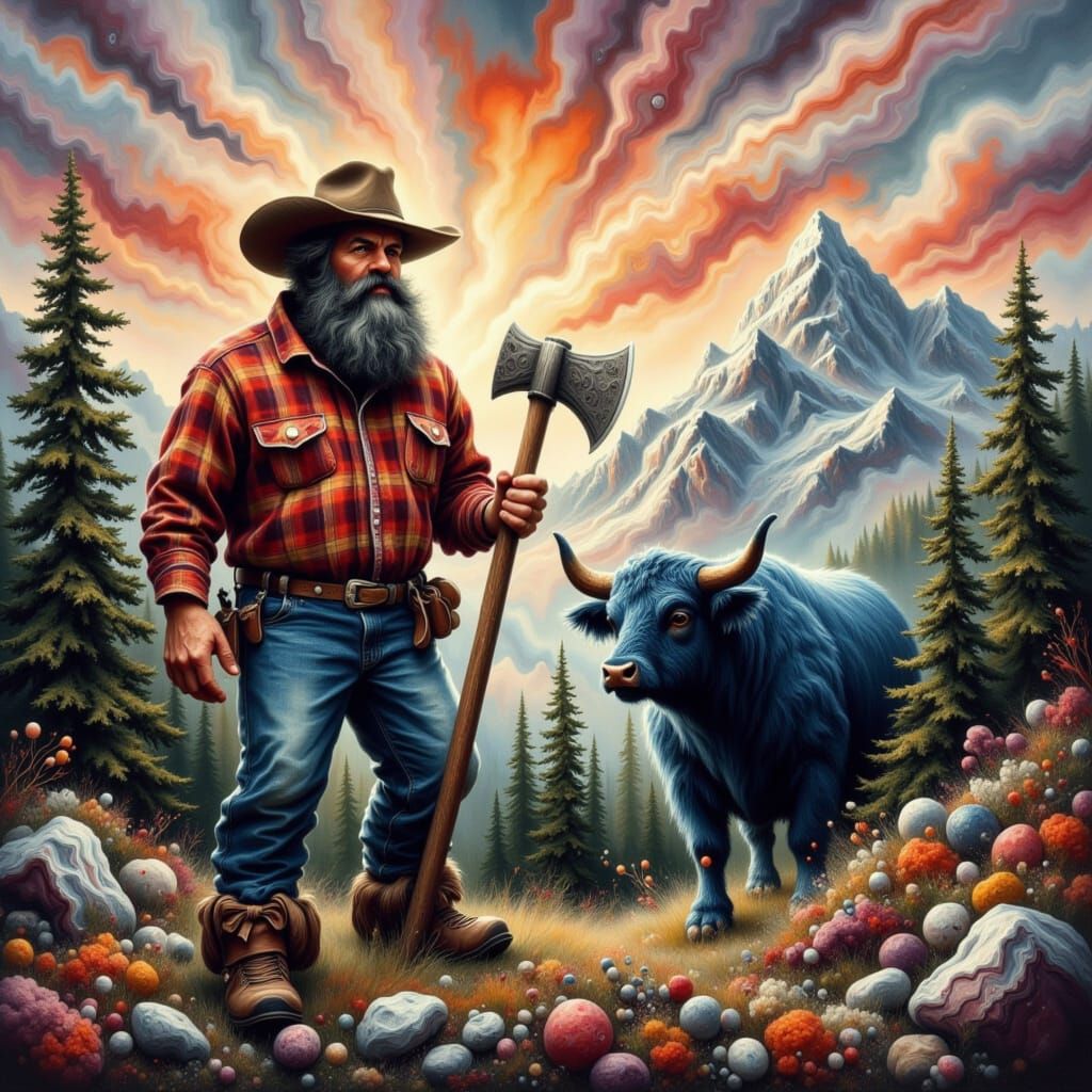 Paul Bunyan and Babe in Fluid Art Landscape