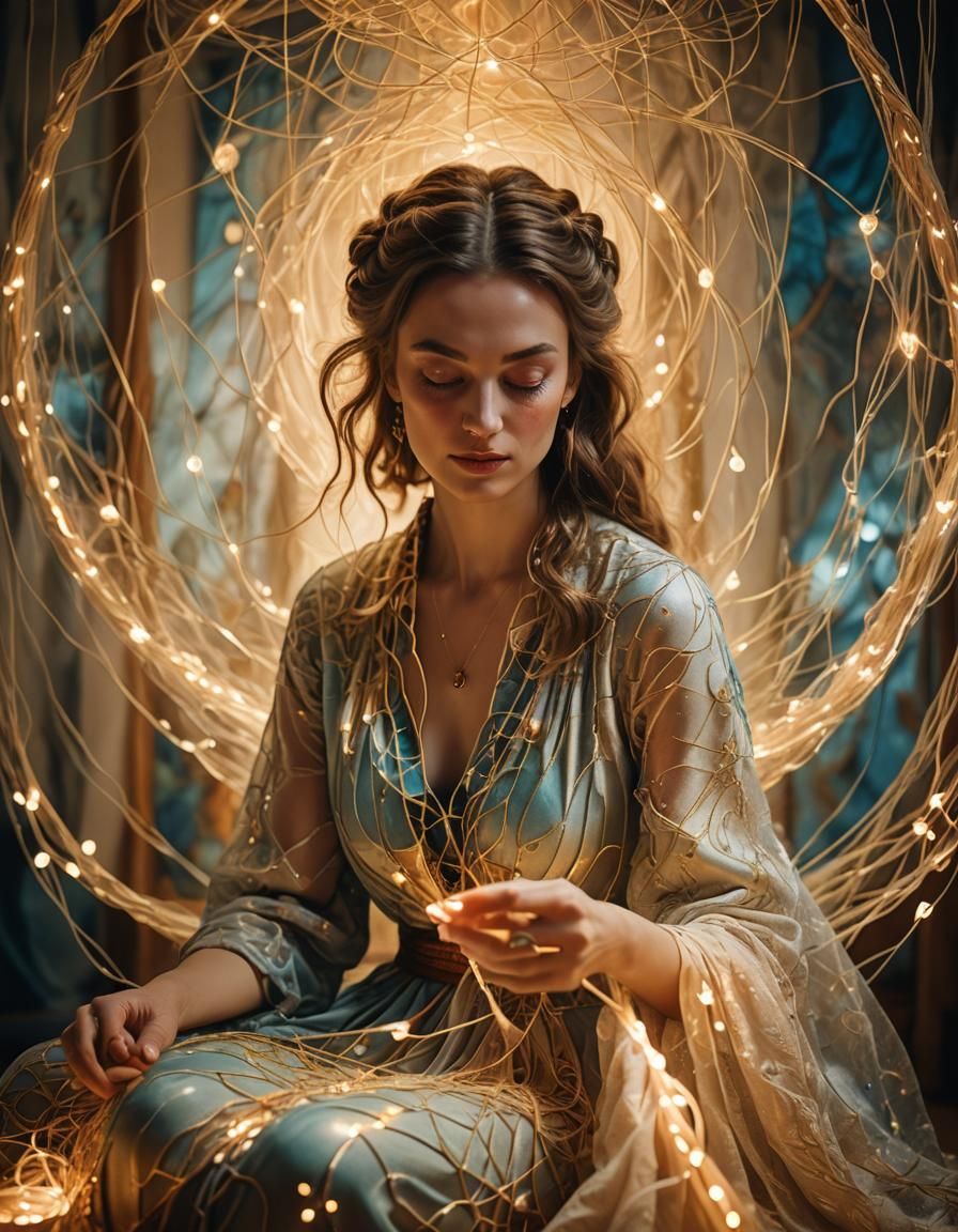 Woman Weaving Magic Tapestry in Surreal Style