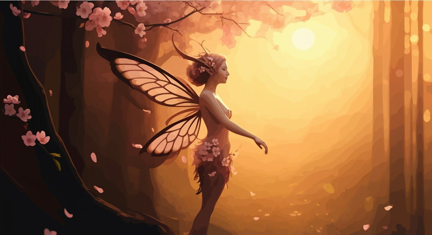 Cherry Blossom Tree Nymph in Bioluminescent Forest