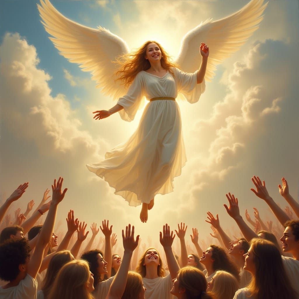 Angel Descends to Bless Joyful People in Classical Oil Style