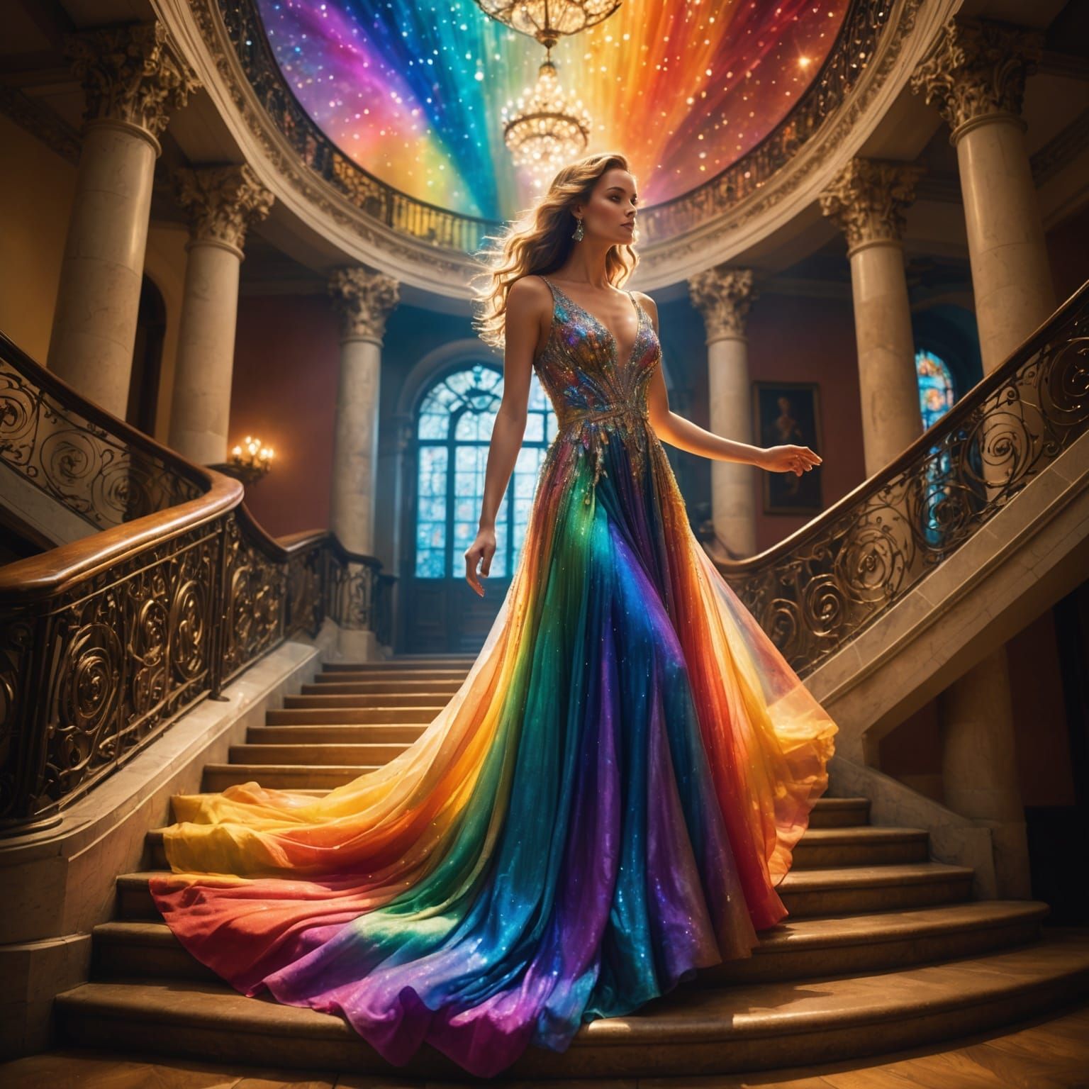A radiant, ethereal woman gracefully descending a grand staircase made of vibrant, shimmering rainbows. Her flowing gown...