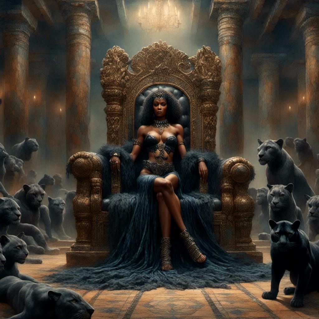 Barbarian Queen on Throne with Panther, Heroic Style