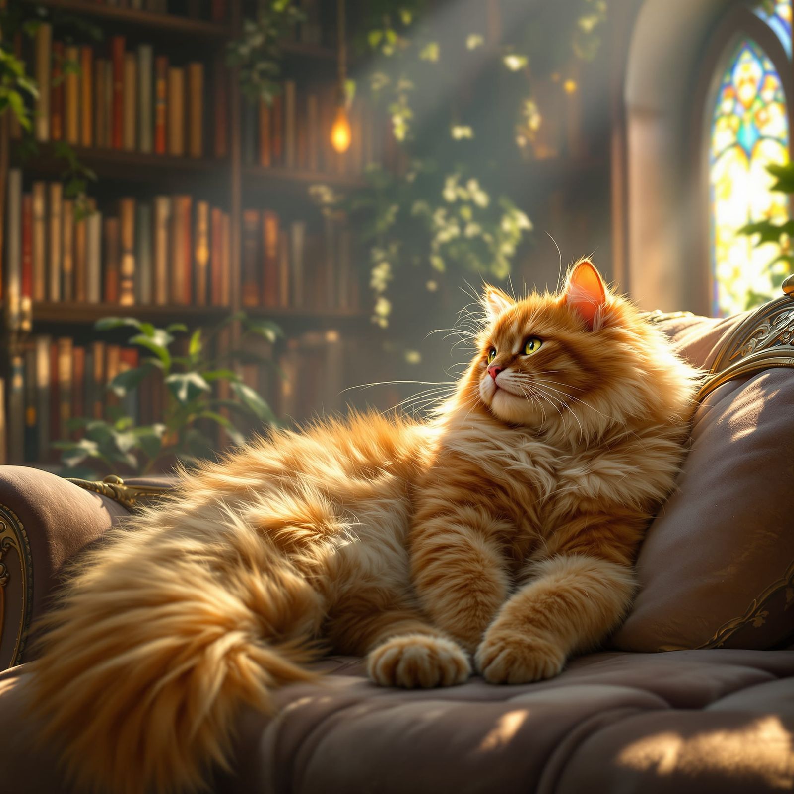 Ginger Cat on Velvet Sofa in Enchanted Library
