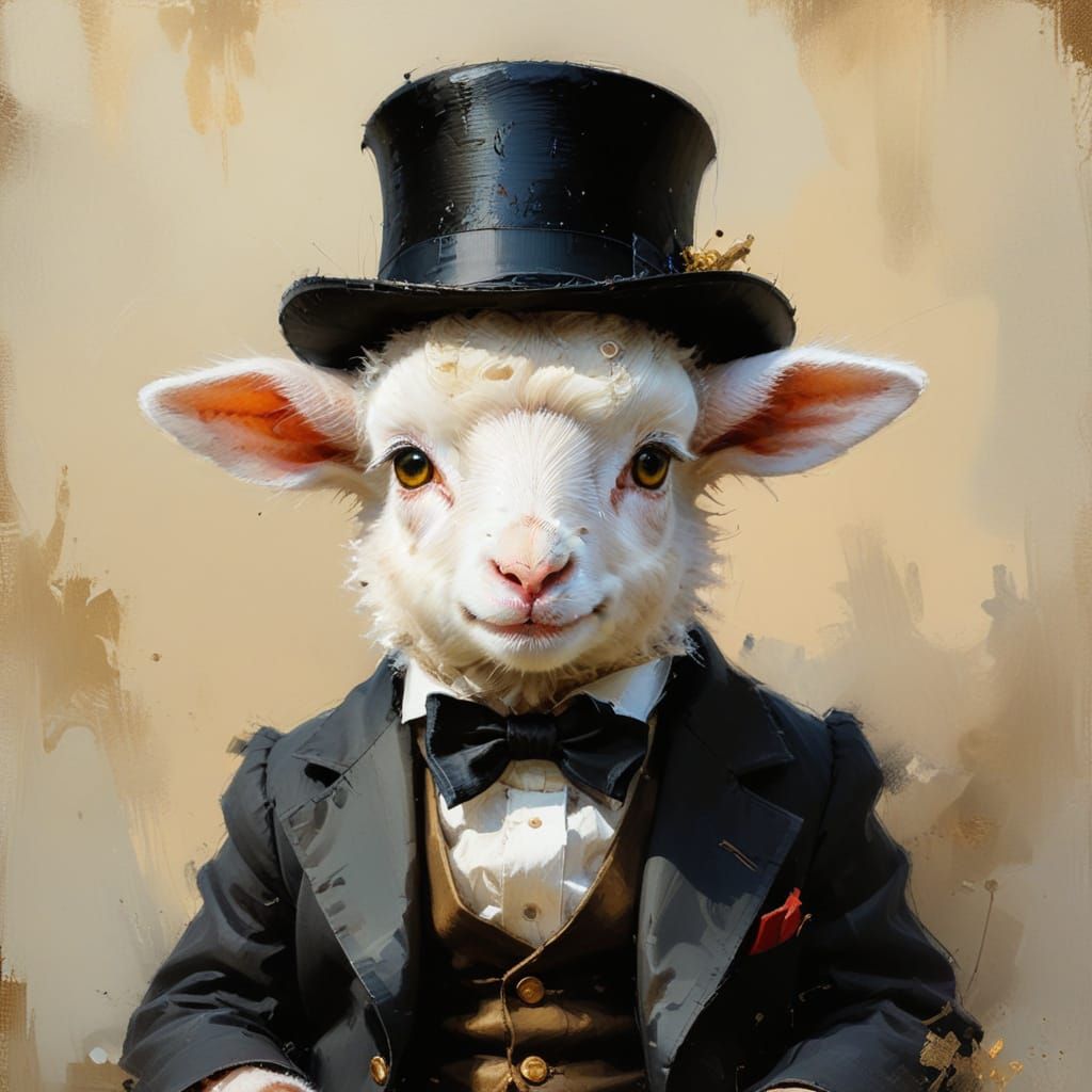 Lamb in Top Hat: Realistic Fine Art Portrait