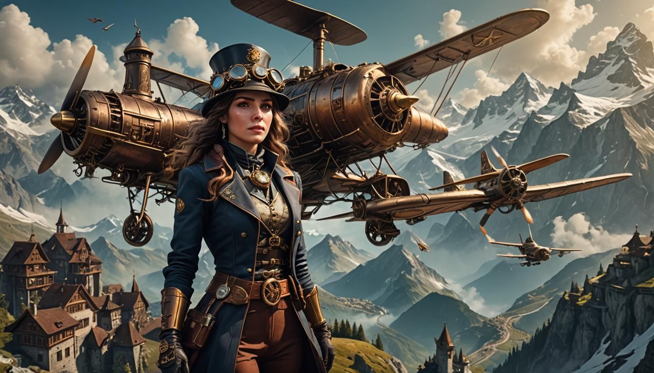 Steampunk Wizard and Airplane in Swiss Alps