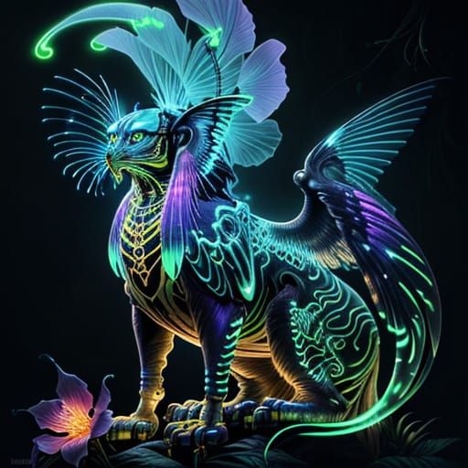 Surreal Biomechanical Sphinx in a Jungle Oasis
