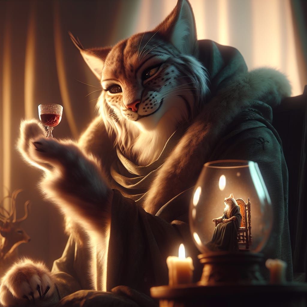 Lynx Queen Enjoys Wine, High Fantasy Scene