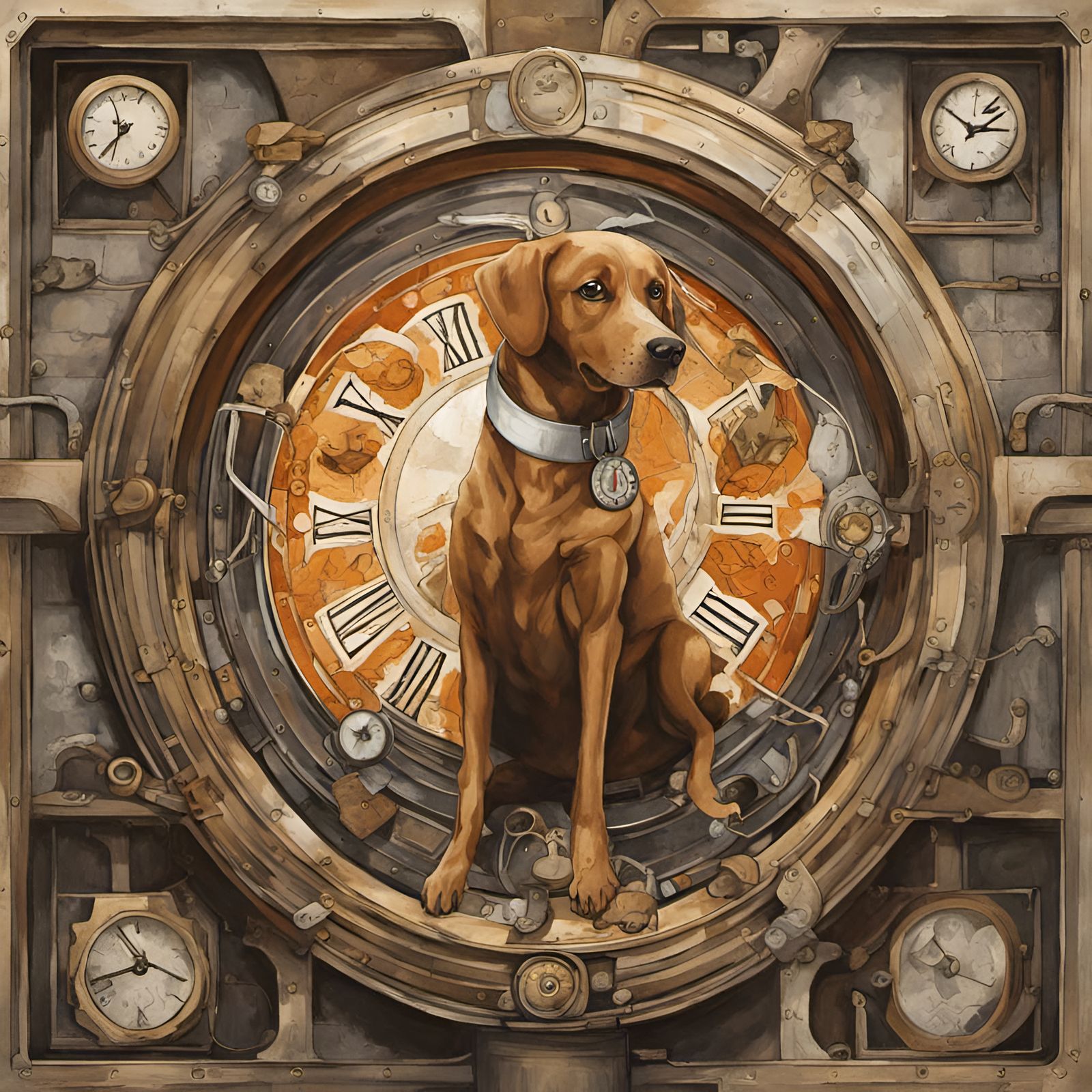 Dog in Clock Tower: Intricate Industrial Illustration