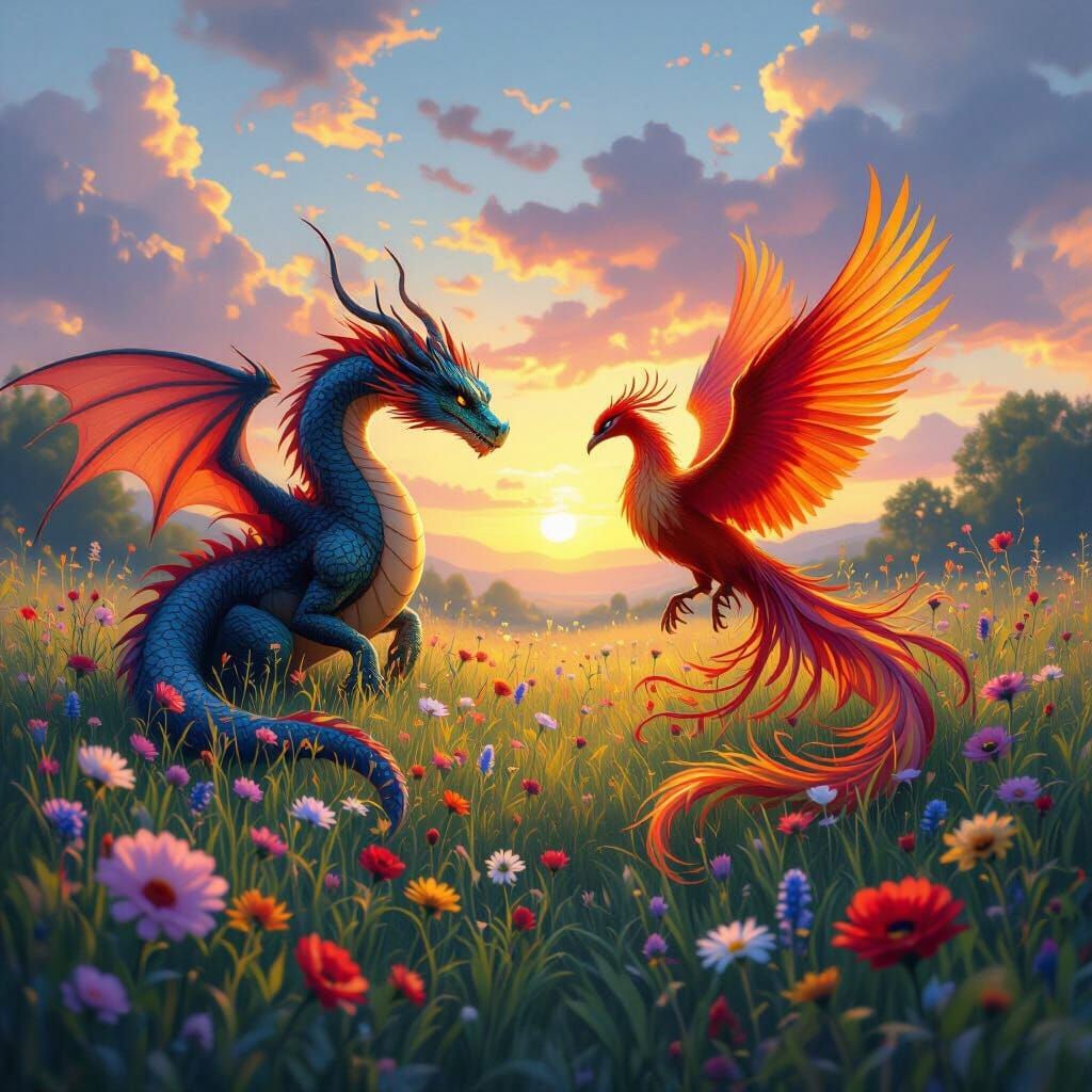 Dragon and Phoenix Clash at Dawn, Airbrush Art