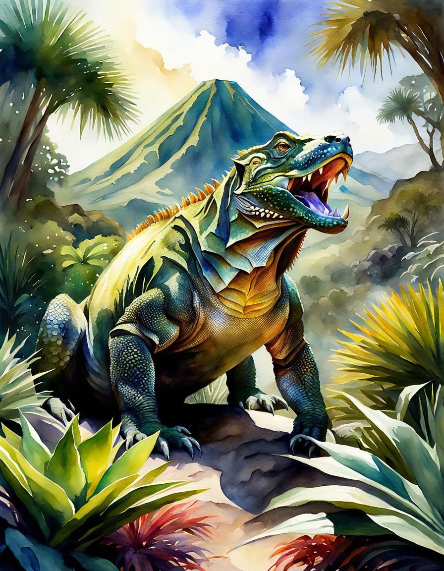 Komodo Dragon Bull Mastiff Watercolor Fantasy