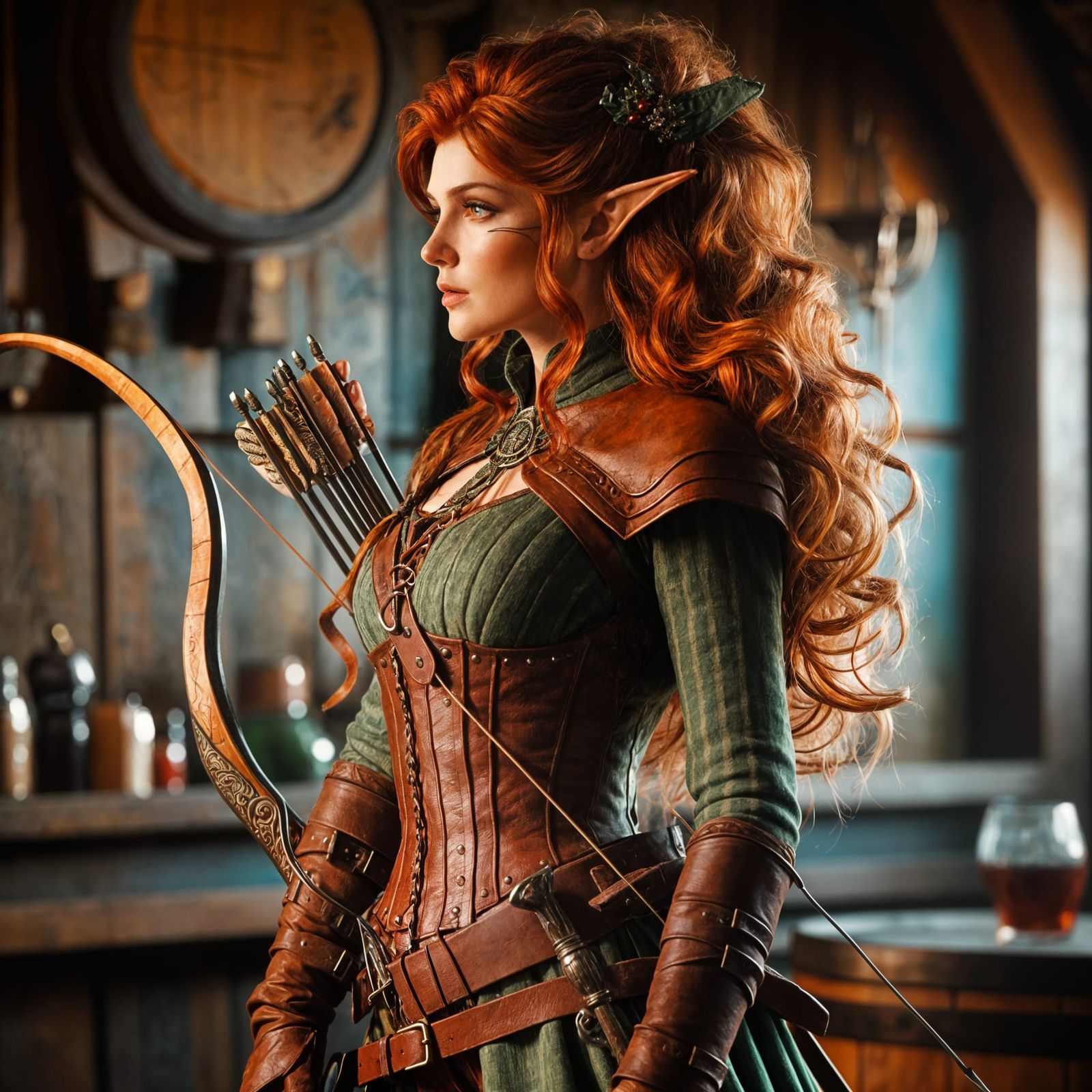 Elven Archer in Tavern: Fantasy Art