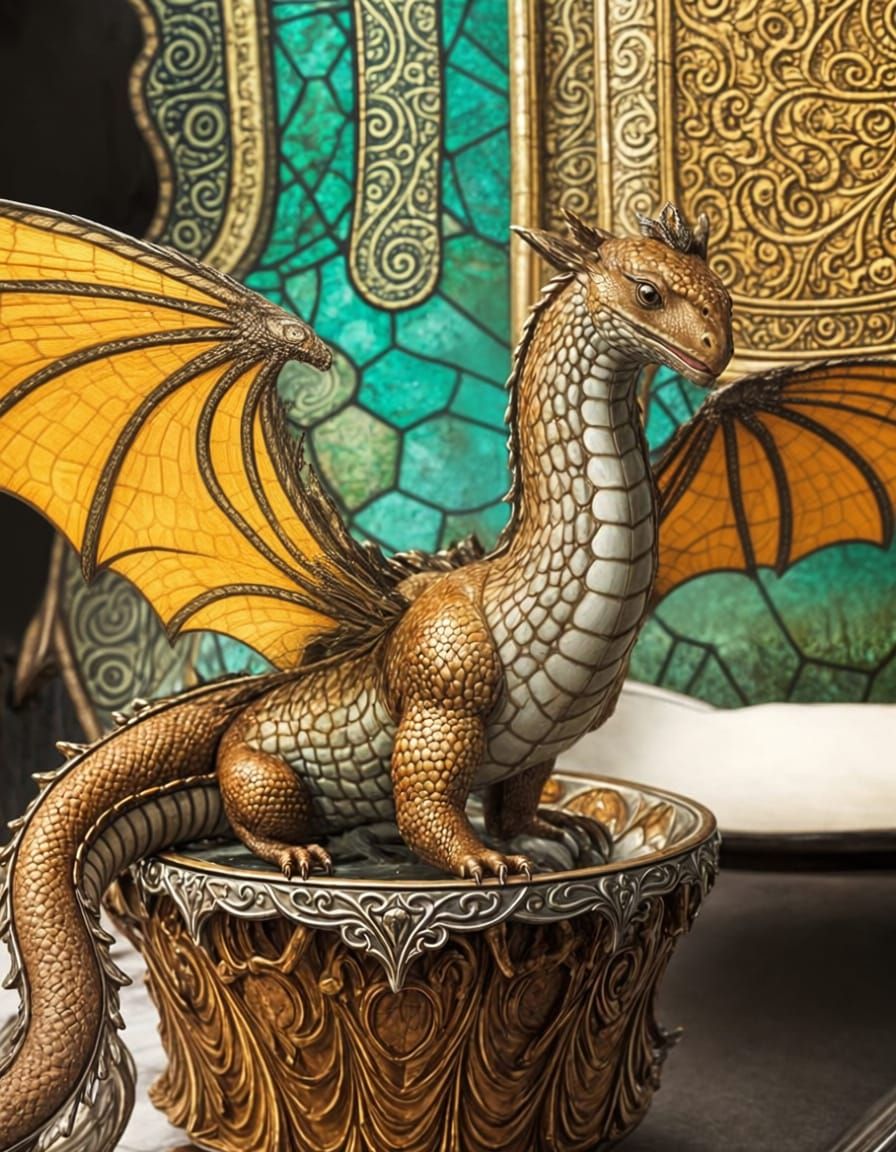 Whimsical Dragon Perched on Teacups as Storybook Art