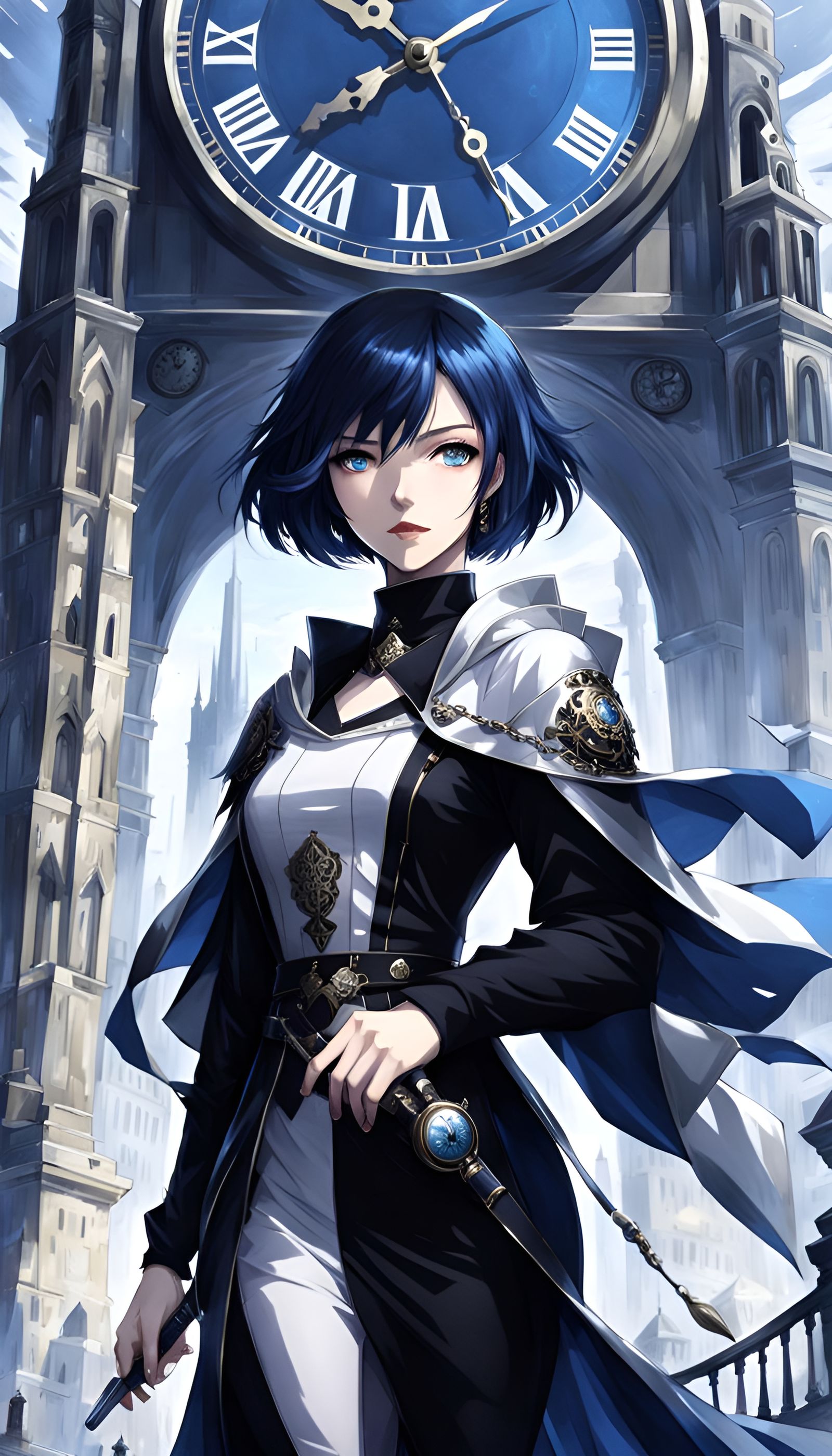 Anime Girl in Clockwork City with Blue Hair